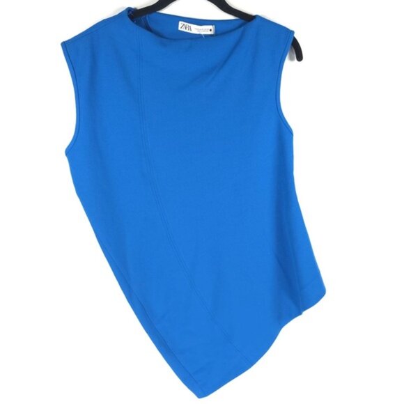 NWOT ZARA Curved Hem Asymmetric Sleeveless Knit Top Royal Blue 8218/707 Sz M - Picture 2 of 9